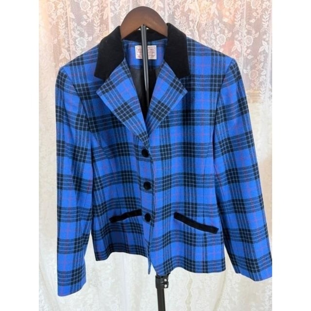Vtg. 1980's Pendleton Wool Blazer Blue Black Plaid Velvet Collar Jacket Size 14